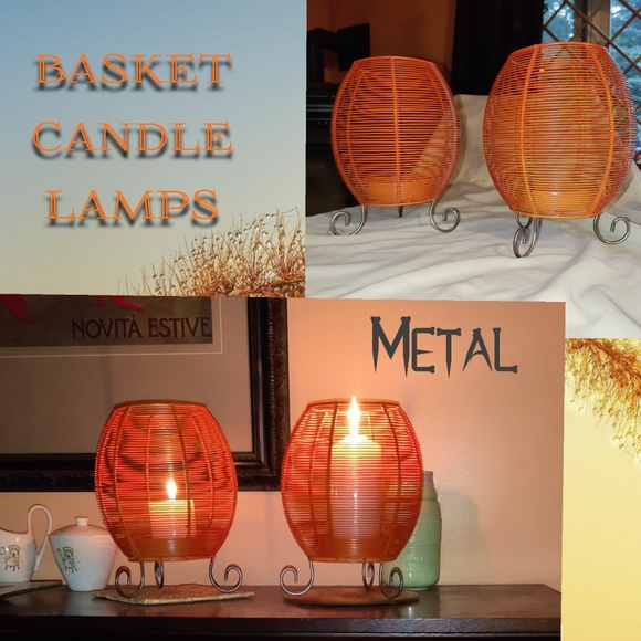 Pair Metal Patio Lanterns Oval Wire Baskets, Candle Holders 11" Tall Refurbished - Picture 3 of 16